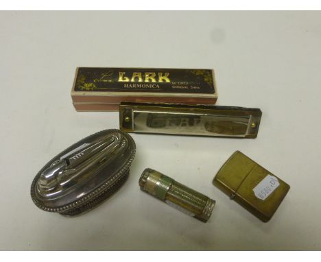 Boxed Lark Harmonica plus Ronsons Table Lighter and Two Other Lighters