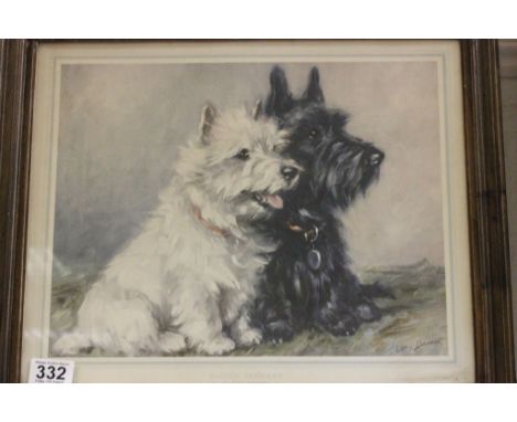 Lucy Dawson Oak Framed Vintage Dog Print Study of Two Scotch Terriers