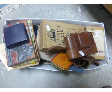 Box of mixed collectables to include; printing tools, boxed microscope, costume jewellery etc