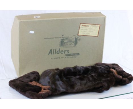 Boxed vintage fur gloves & stole plus a framed oil painting of a street scene