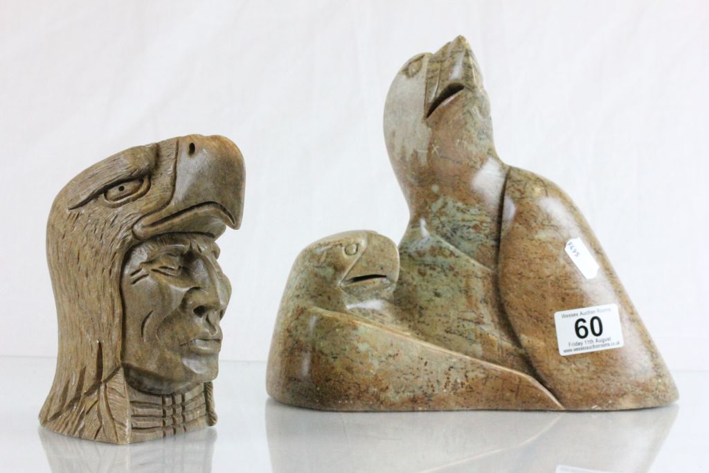 Two Native American soapstone carvings with signatures to base