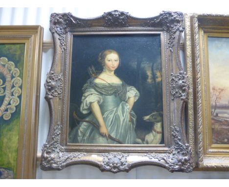 Large oil on canvas of a hunting girl with dog in an ornate Classical style frame