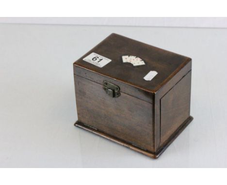 Vintage wooden card case with cards and enamel decoration to lid
