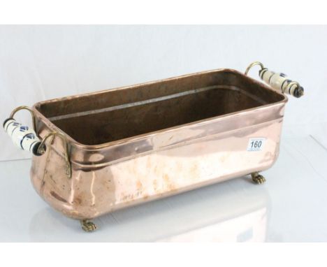 Large Copper Planter with Blue and White Ceramic Handles