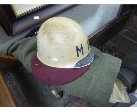 WW2 MP's helmet with inscription, WW2 dated Army jacket plus a Burgundy Military beret