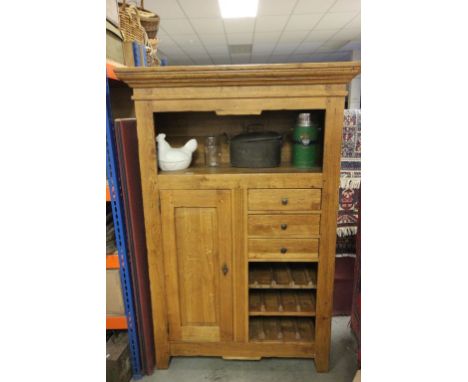 Contemporary Good Quality Oak Cupboard with Open Shelf above Cupboard flanked by Three Drawers over Three Wine Bottle Shelves