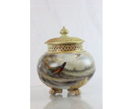 Royal Worcester Porcelain Pot Pourri, hand painted with pheasants by Jas Stinton raised on three paw feet
