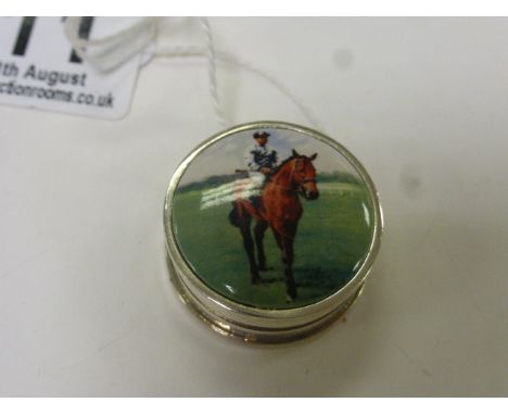 Silver Pill Box with Race Horse and Jockey to enamel lid