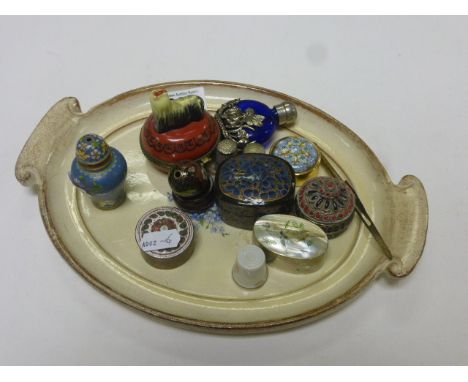 Painted Wooden Tray together with Cloisonne Items, Trinket Boxes, Thimbles, etc