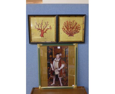 A print of Edward VI and a pair of Danish coral prints, framed