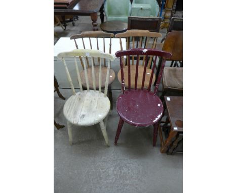 A set of four Victorian beech stick back kitchen chairs