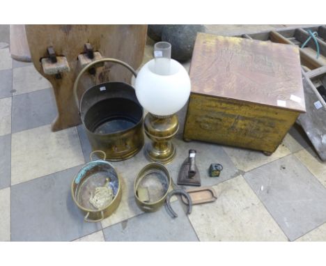 A brass oil lamp, coal box, etc.