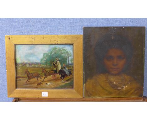 Two 19th Century oil paintings, portrait of a lady and coaching scene