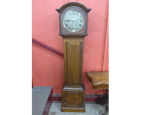 An Edward VII inlaid oak fusee longcase clock, the silver dial signed Clarke, 1 Royal Exchange, London