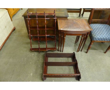 A Victorian mahogany wall shelf, a pair of mahogany wall shelves and nest of tables