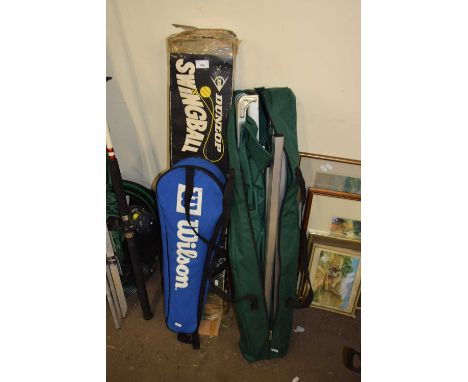 MIXED LOT COMPRISING DUNLOP SWINGBALL GAME, CASED BADMINTON RACQUETS AND FOLDING CHAIRS