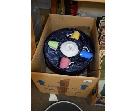 MIXED LOT COMPRISING A BOXED MODERN ROYAL WORCESTER CUP AND SAUCER SET, RIDING CROP, VINTAGE LANTERN, STONEWARE HOT WATER BOT