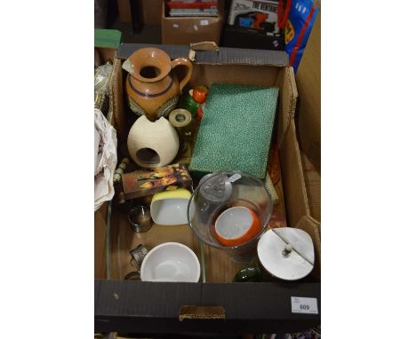 MIXED LOT VARIOUS KITCHEN WARES, DOULTON JUG (A/F), BOXED CUTLERY, BRASS CHAMBER STICK ETC