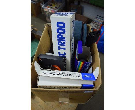 ONE BOX VARIOUS CAMERA ACCESSORIES TO INCLUDE BOXED TRIPOD, SLIDE DUPLICATOR ETC