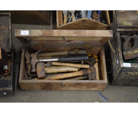 WOODEN TOOLBOX CONTAINING HAMMERS