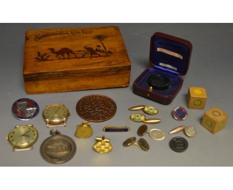 Gentlemen's Items - a Record 9ct gold cased watch head, 22.5g gross; 1916 good citizen medal, rolled gold cufflinks, etc