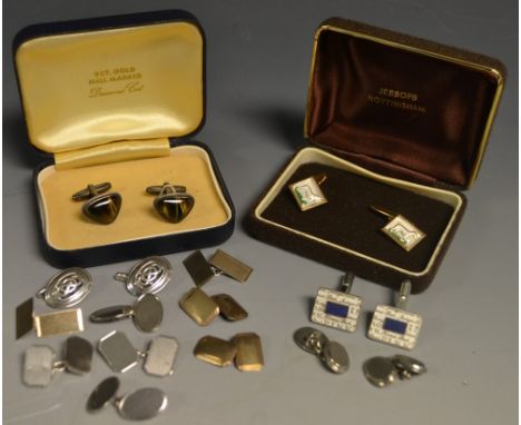 Gentlemens Jewellery - a pair of sterling silver rectangular cushion panel cufflinks; others 9ct gold on silver, white metal,