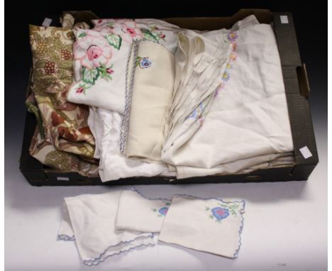 Textiles - Liberty curtains; hand embroidered floral linen tablecloths