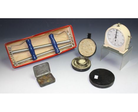 A Smiths timer, made by English Clock Systems; a C Farlow and Co, 191 Strand, London, fishing line box; another similar; Ajax