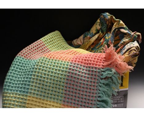 Textiles - Welsh honeycomb waffle wool blanket; a pair of Warner vintage curtains