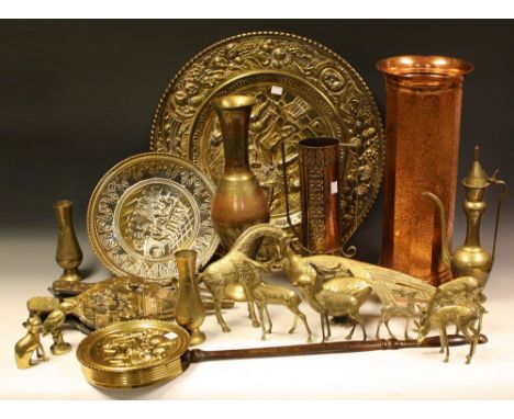 Copper and Brassware - an embossed brass tray; Persian style vase; model bird; bellows a copper stick stand, etc