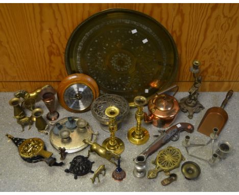 A copper kettle, a coal scoop, a large circular brass tray; a circular wall barometer, a reproduction Spanish pistol; brass m