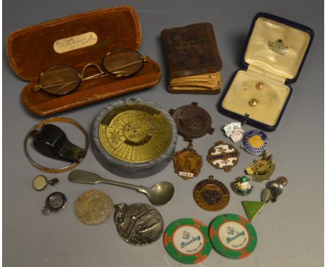 Boxes and Objects - a miniature book, The English Dictionary, a 40 year calendar; enamel badges; cased spectacles; an Acme wh