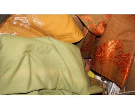 Textiles - a quantity of vintage curtains and table linen, including velvet curtains, cotton and linen type print curtains, e