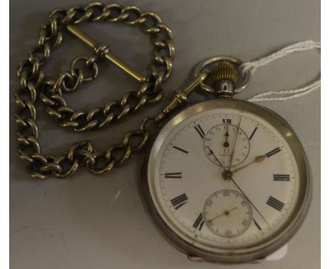 An Omega silver cased pocket chronometer centre seconds watch, white enamel dial, Roman numerals; a silver plated Albert chai