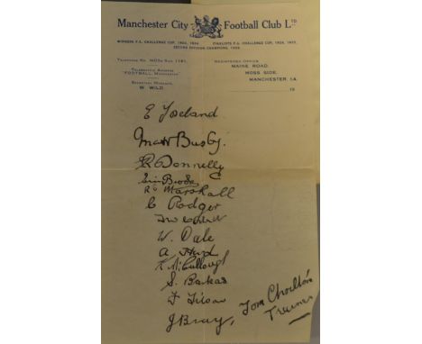 Sporting Interest - Football Autographs 1935-36 season, Manchester City Football Club letterhead paper, inscribed in ink with