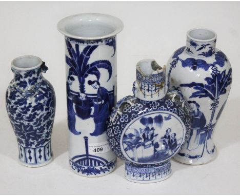 Four Chinese blue and white vases including a moon flask (damaged), a small vase with applied lizards, a vase bearing four ch