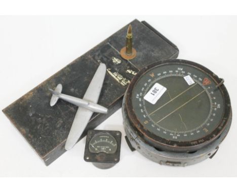 Various WWII flying related items including an Air Ministry P4A bomber compass, a Schraeder aircraft tyre pressure gauge, mod
