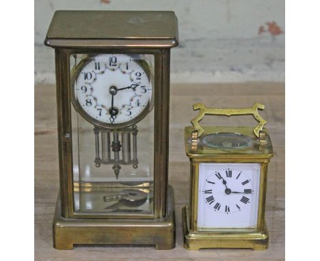 A French late 19th century four glass mantel clock height 21cm and a gilt brass carriage clock.  