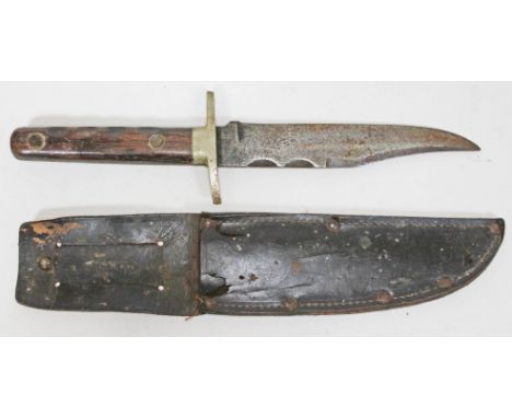 A WWII period fighting knife, the blade stamped William Rodgers, with wooden grip and with leather scabbard, length 25.5cm  C