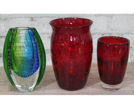 Two Whitefriars ruby glass vases and a Murano bubble glass vase.  