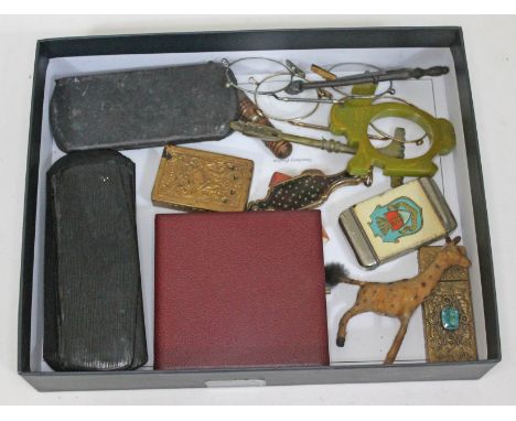 A small mixed lot of collectables including a Spratts advertising match box/striker, other match cases, vintage spectacles, e