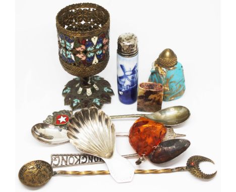 A mixed lot to include various eastern items, hallmarked silver including a caddy spoon, an amber pendant etc.  