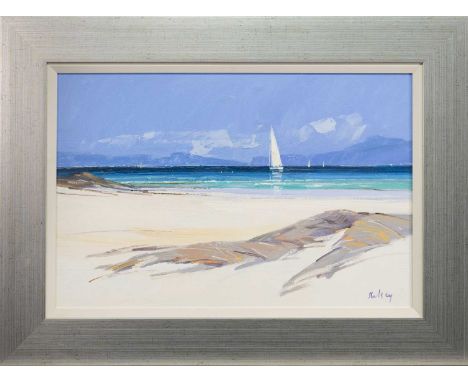 * ROBERT KELSEY DA MUniv PAI FRSA (SCOTTISH b. 1949), YACHT IN THE SOUND OF IONA oil on canvas, signed, titled versoframedima