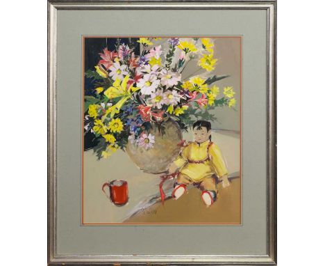 * ETHEL WALKER (SCOTTISH b. 1941) SUMMER FLOWERS WITH CHINESE DOLL gouache on paper, signed, titled versomounted, framed and 