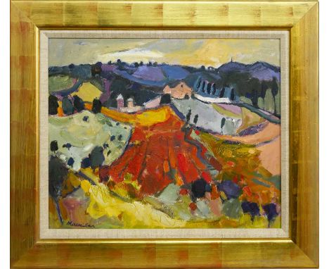 * SHEILA MACMILLAN DA PAI (SCOTTISH 1928 - 2018), STRAWBERRY FIELDS oil on canvas, signed, titled label versoframed and under