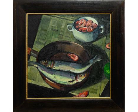 * ALEXANDER ROBB (SCOTTISH b. 1950), FISH AND PRAWN STILL LIFE oil on canvas, initialled, titled and dated 1992 versoframed i