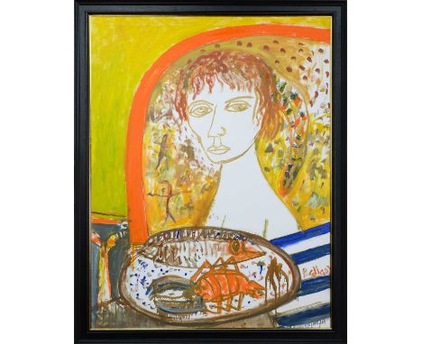 * JOHN BELLANY CBE RA HRSA (SCOTTISH 1942 - 2013), GIRL WITH FISH AND LOBSTER oil on canvas, signedframedimage size 122cm x 9