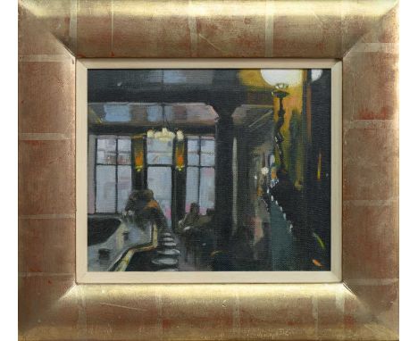 * ALEXANDRA (SANDIE) GARDNER (SCOTTISH b. 1945), BABOLOWSKI'S BAR oil on board, signed, titled versoframed and under glassima
