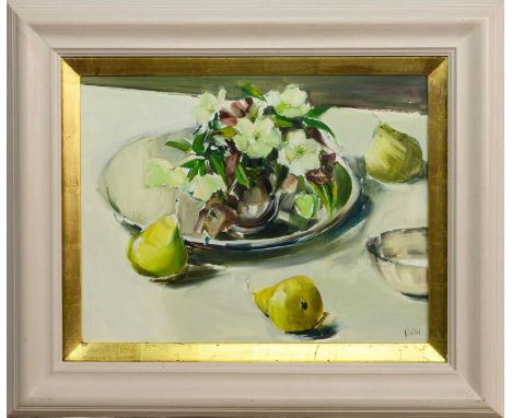 * ETHEL WALKER (SCOTTISH b. 1941), PEARS AND HELLEBORE  oil on board, signed, titled verso framed and under glass  image size