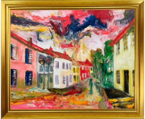 * JOHN BELLANY CBE RA HRSA (SCOTTISH 1942 - 2013), CONTINENTAL STREET SCENE oil on canvas, signedframedimage size 80cm x 100c